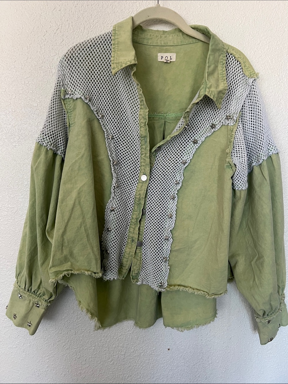 P.O.L Green Button Front Mixed-Media Shirt Jacket Sz Medium - Picture 6 of 6